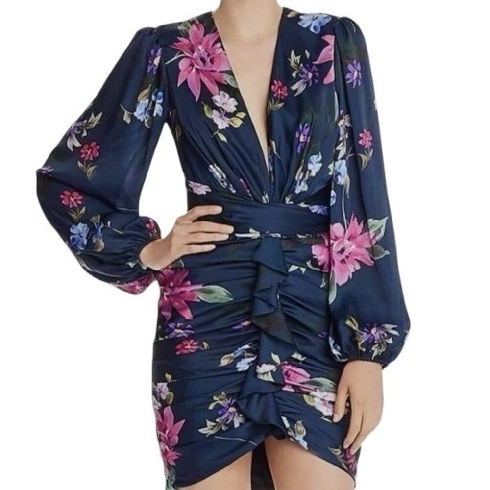 Jill Jill Stuart Floral Plunge Neck Ruched Cocktail Mini Dress Navy Blue Size 0
